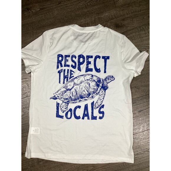 White "Respect The Locals" Turtle Print unisex T-Shirt Size M Casual Beach New - Picture 2 of 7